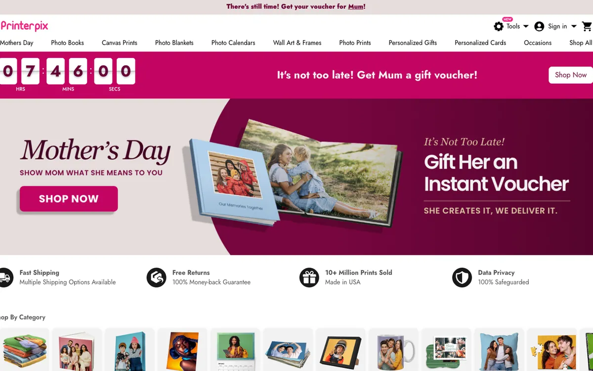 Printerpix homepage. UK-founded photo gift POD covering metal prints, canvas, photo books and home decor.