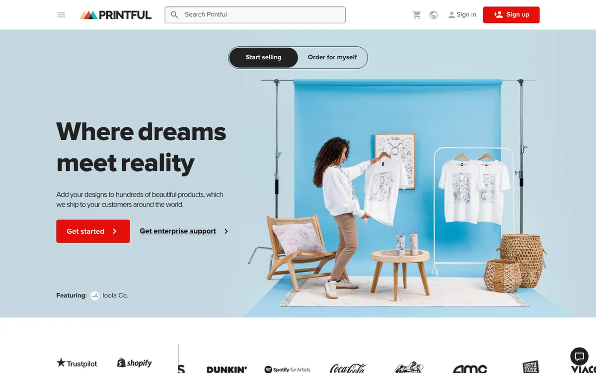 Printful homepage. Global print-on-demand leader with 300+ products and fulfilment centres across US, EU, Brazil, Australia and Japan.