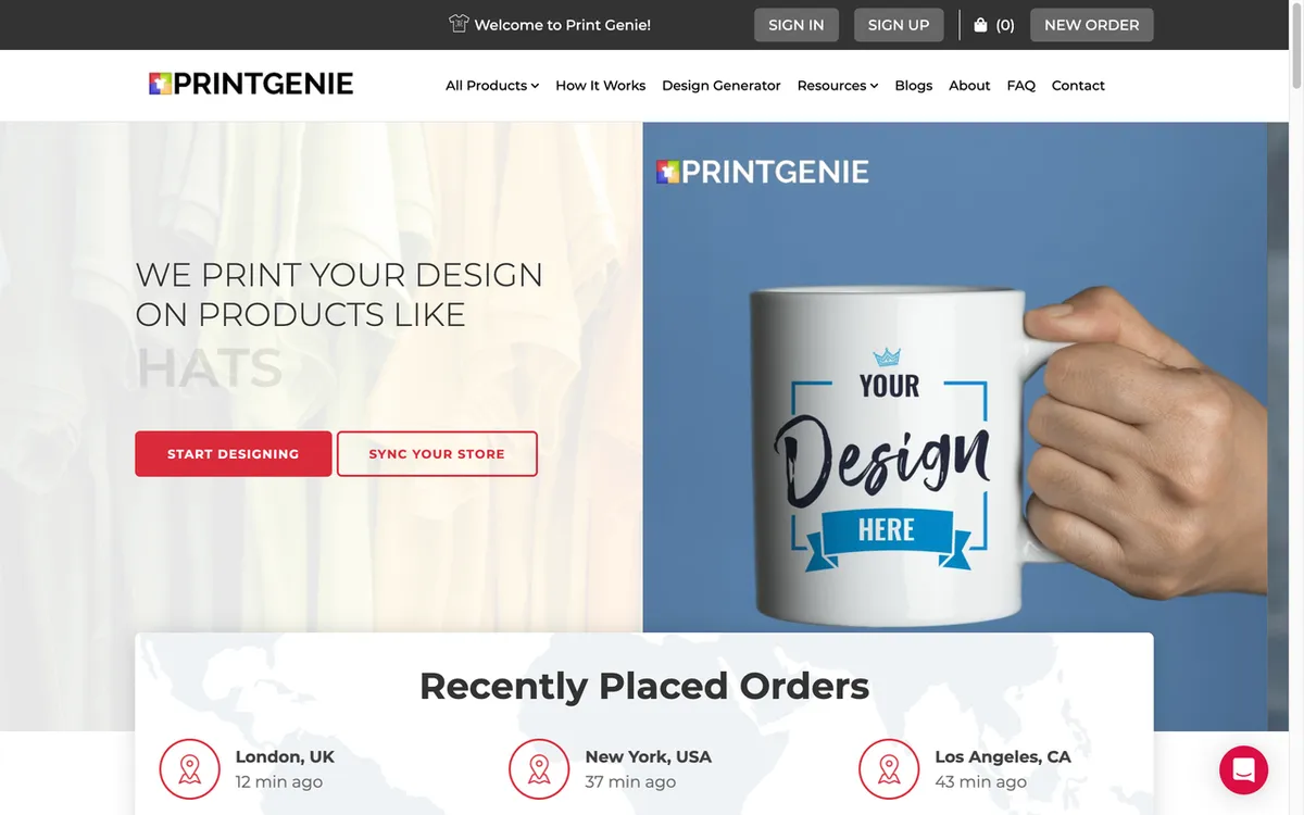 Printgenie homepage. US white-label print-on-demand and dropshipping service for custom apparel and household items.