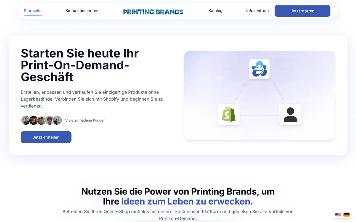 Printing Brands homepage. Shopify tool connecting stores to a print-on-demand platform for automated fulfilment.