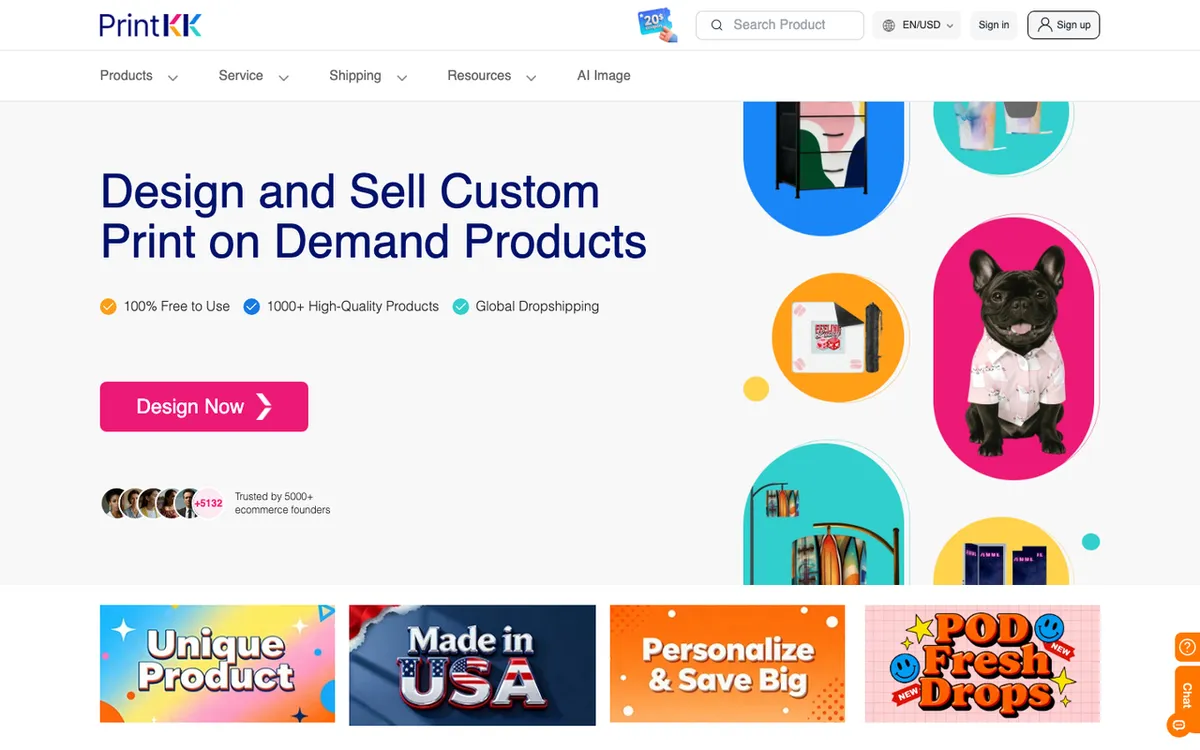 PrintKK homepage. Global print-on-demand platform with custom printing and dropshipping for online sellers.