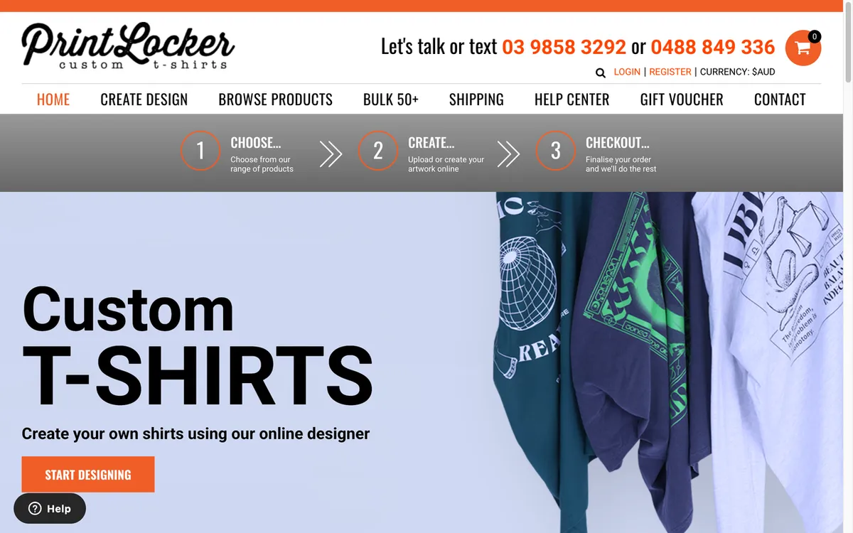 PrintLocker homepage. Australian print-on-demand service for t-shirts, clothing and assorted products with shipping across Sydney and Melbourne.
