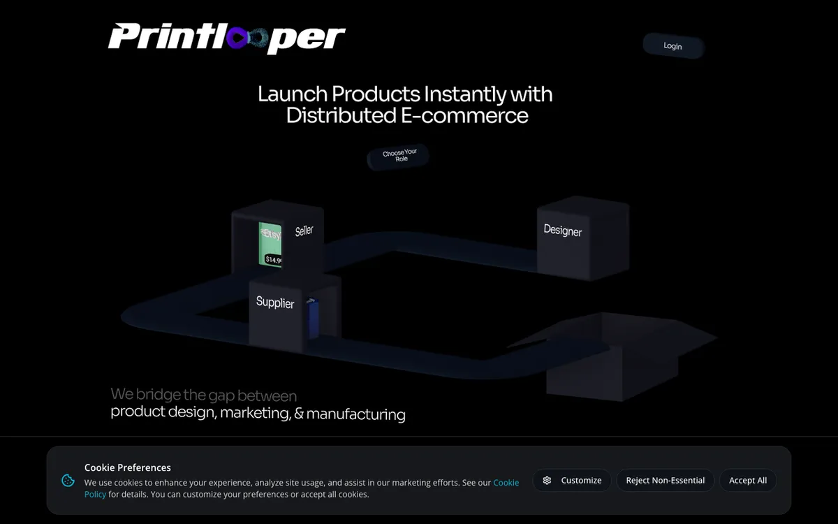 Printlooper homepage. Print-on-demand and dropshipping marketplace with automated Shopify fulfilment.
