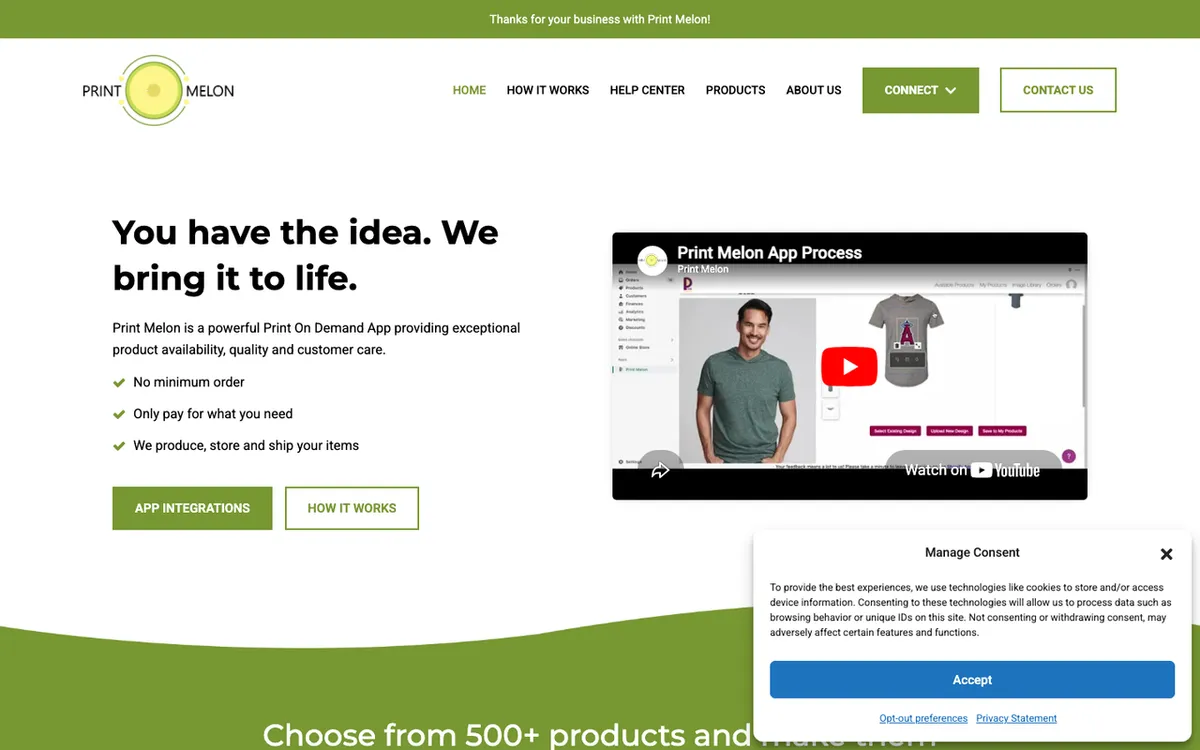 PrintMelon homepage. US print-on-demand app for creating and selling customisable products via Shopify and Etsy.