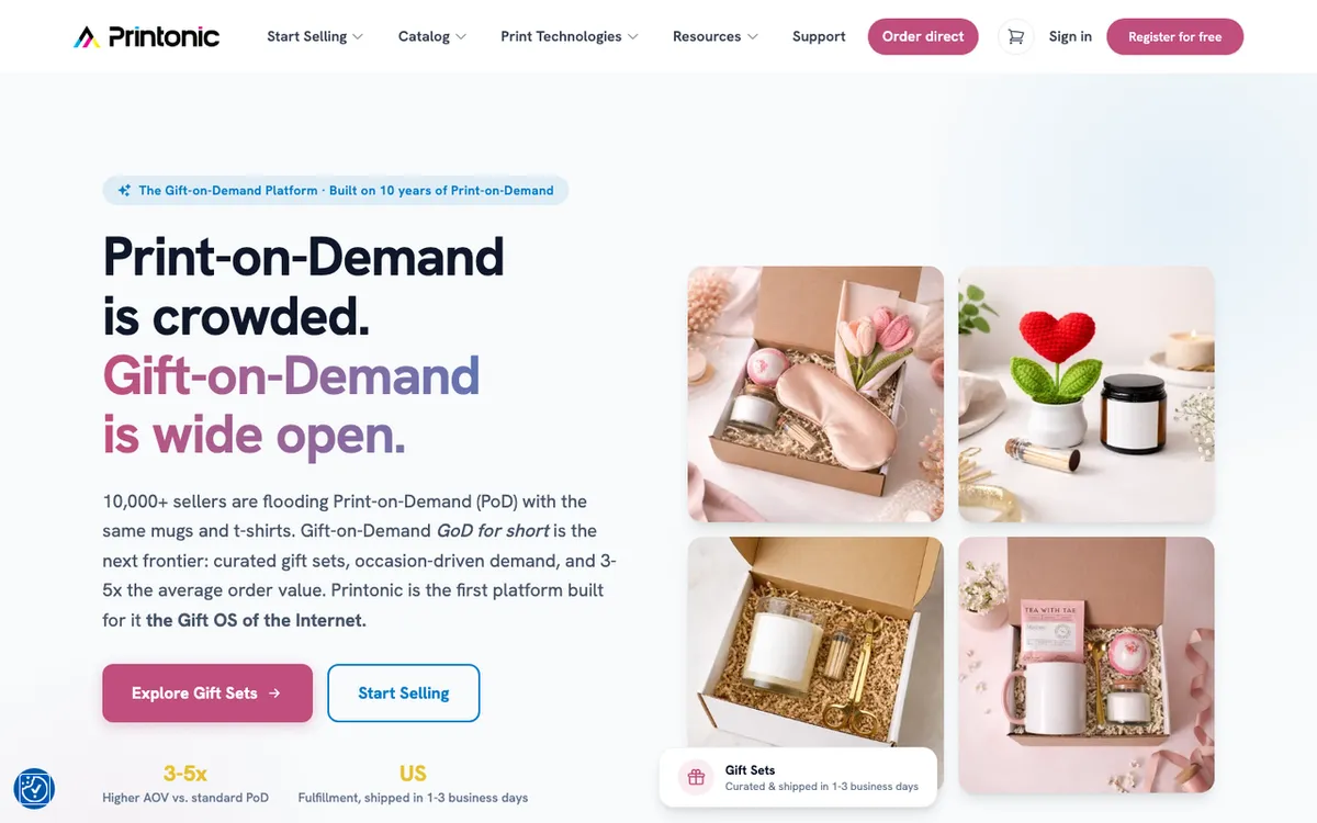 Printonic homepage. Print-on-demand service for Shopify sellers launching candles, apparel and custom merchandise.
