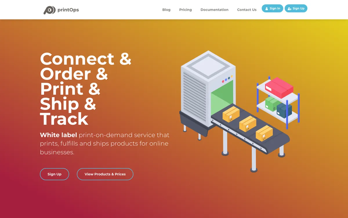 PrintOps homepage. US white-label print-on-demand service printing, fulfilling and shipping products for online businesses.