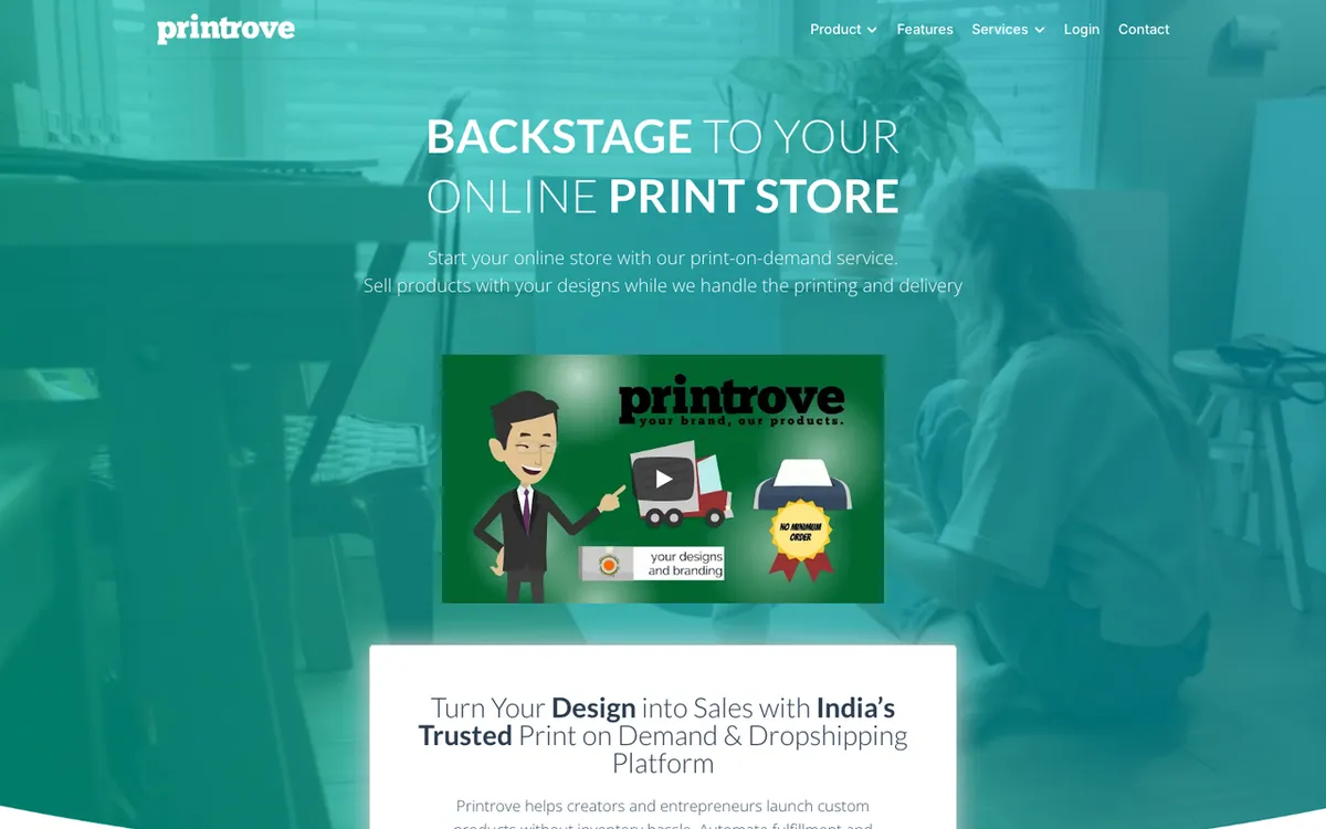 Printrove homepage. India print-on-demand and dropshipping platform with Shopify and WooCommerce integrations.