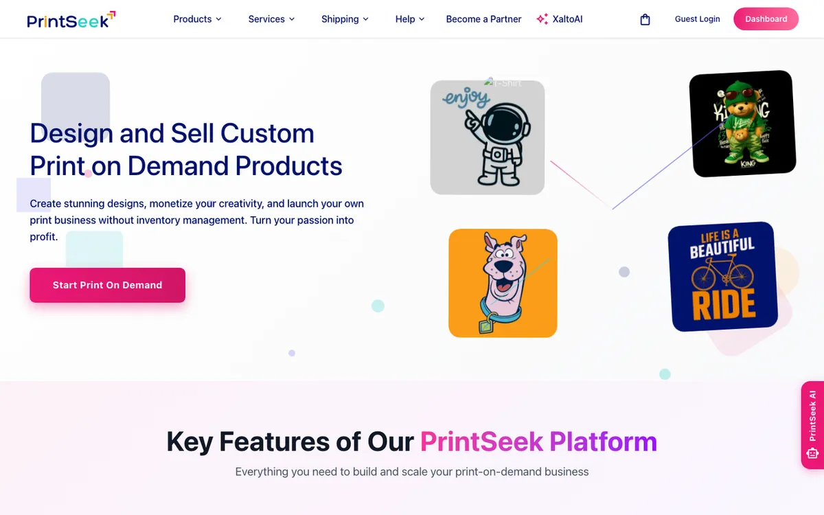 PrintSeek homepage. Shopify print-on-demand tool for designing, generating mockups and publishing custom products.