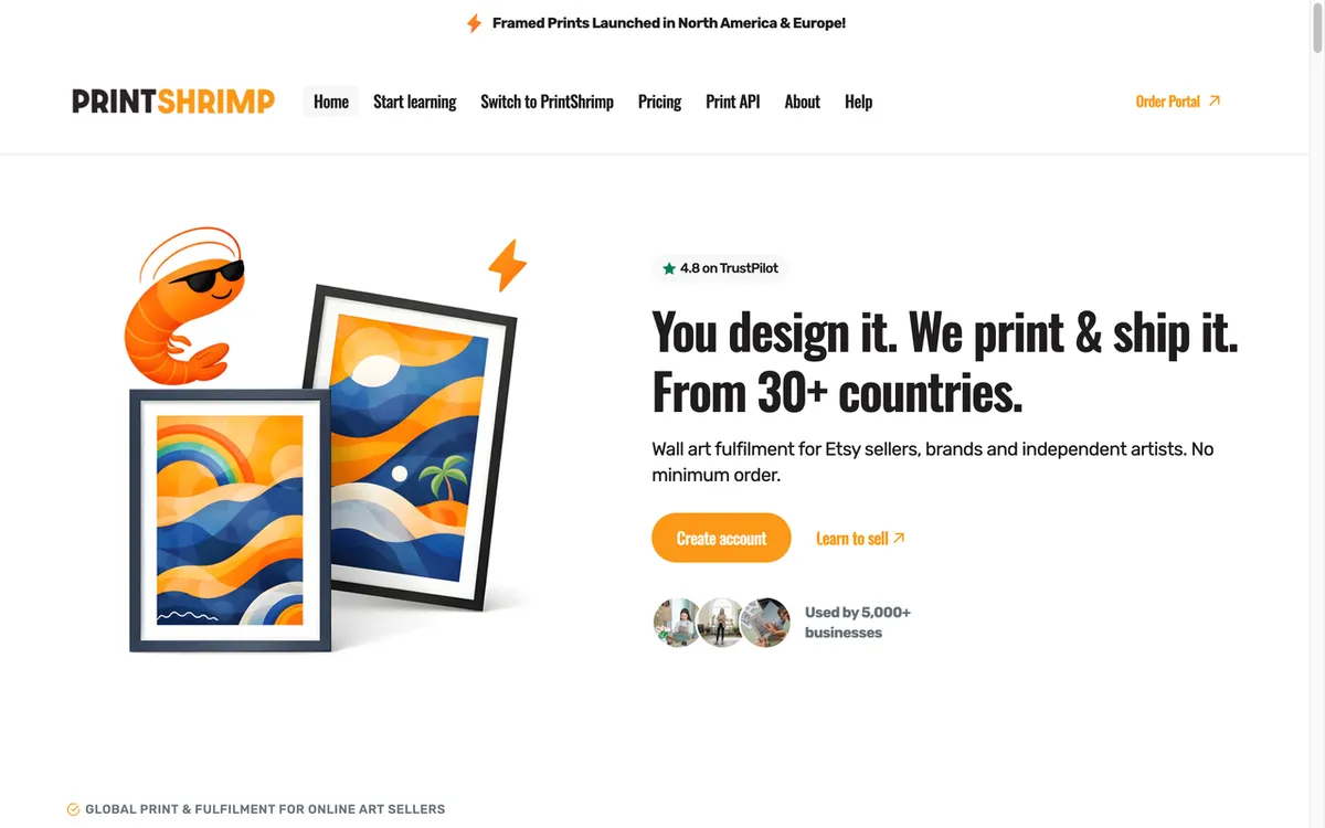 PrintShrimp homepage. Print-on-demand service for wall art aimed at Etsy sellers and independent artists.