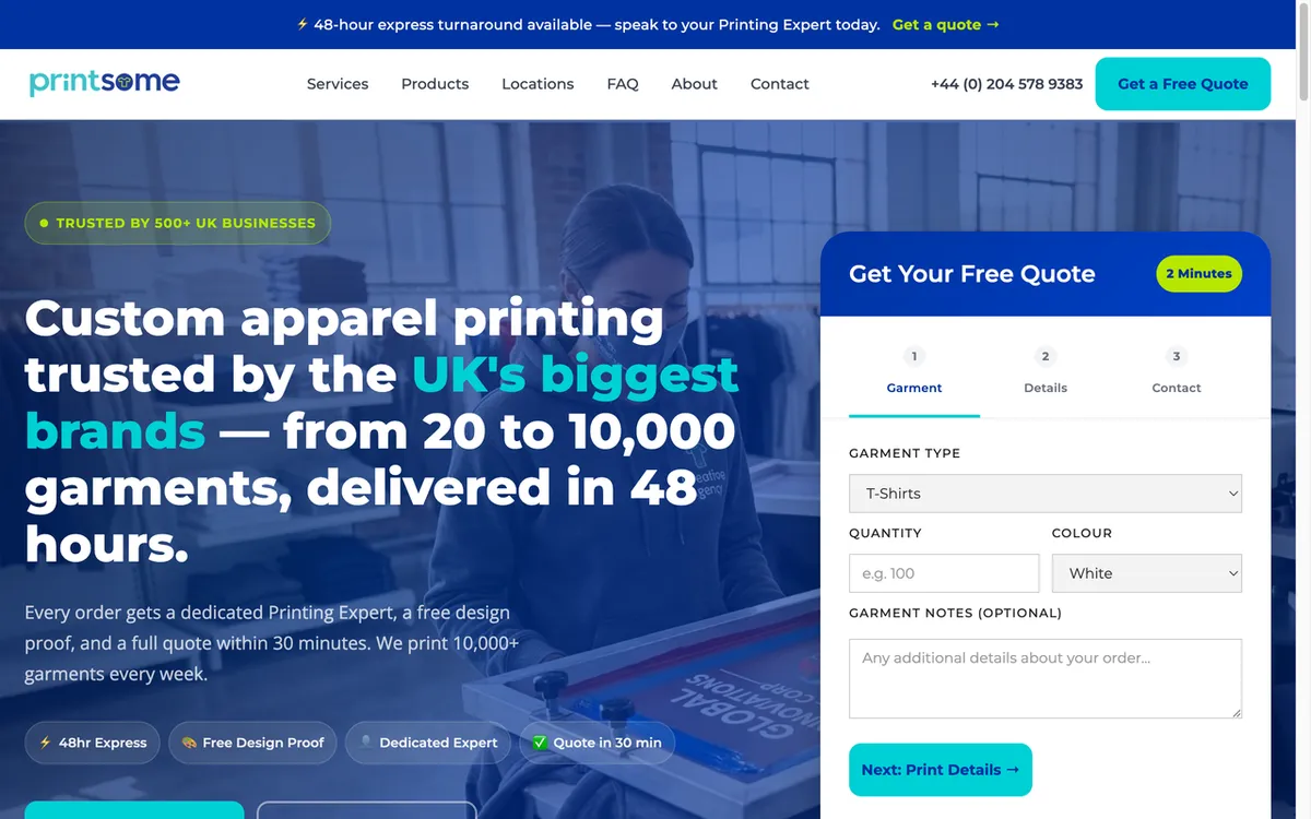PrintSome homepage. UK print-on-demand supplier for custom clothing, corporate workwear and event merchandise.