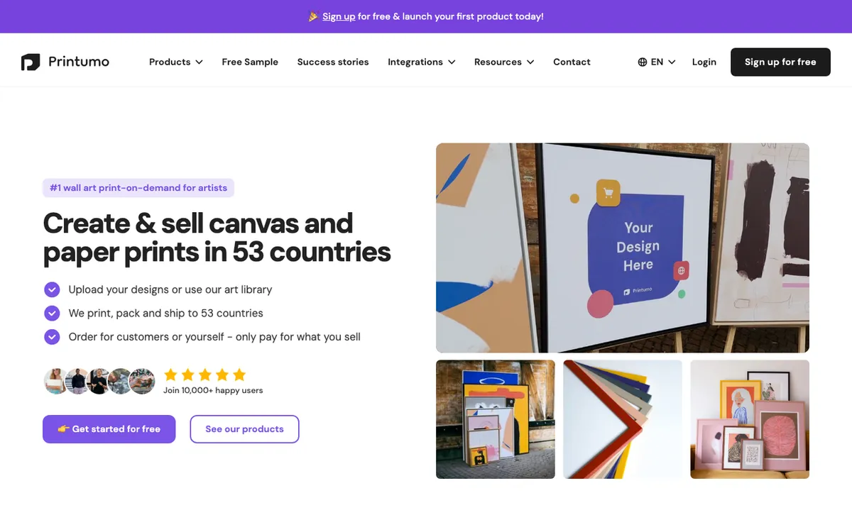 Printumo homepage. Print-on-demand wall art service for canvas, posters and framed prints with global fulfilment.