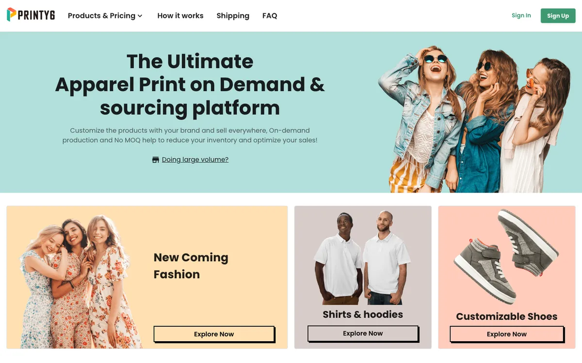 Printy6 homepage. China-based POD with 300+ products including apparel, pet accessories and phone cases.