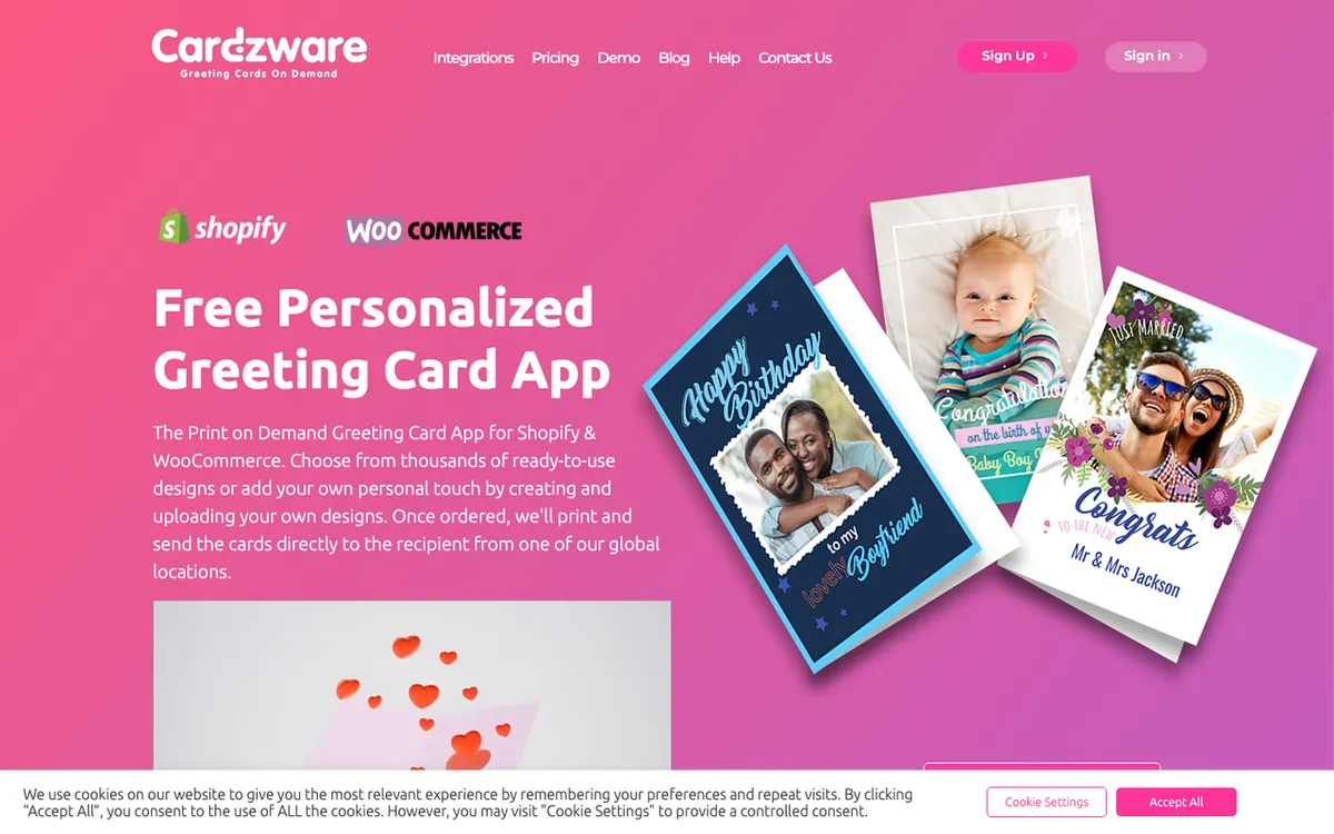 Printzware homepage. Cardzware print-on-demand service for selling personalised greeting cards through online stores.