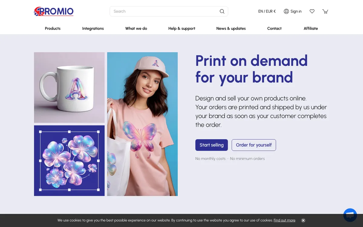 Promio homepage. EU print-on-demand service for designing and selling branded products with on-order fulfilment.