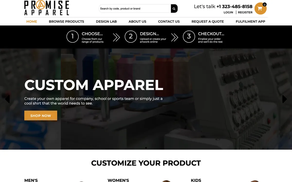 PROMISE APPAREL homepage. DTG print-on-demand tool for designing and selling custom products without inventory.