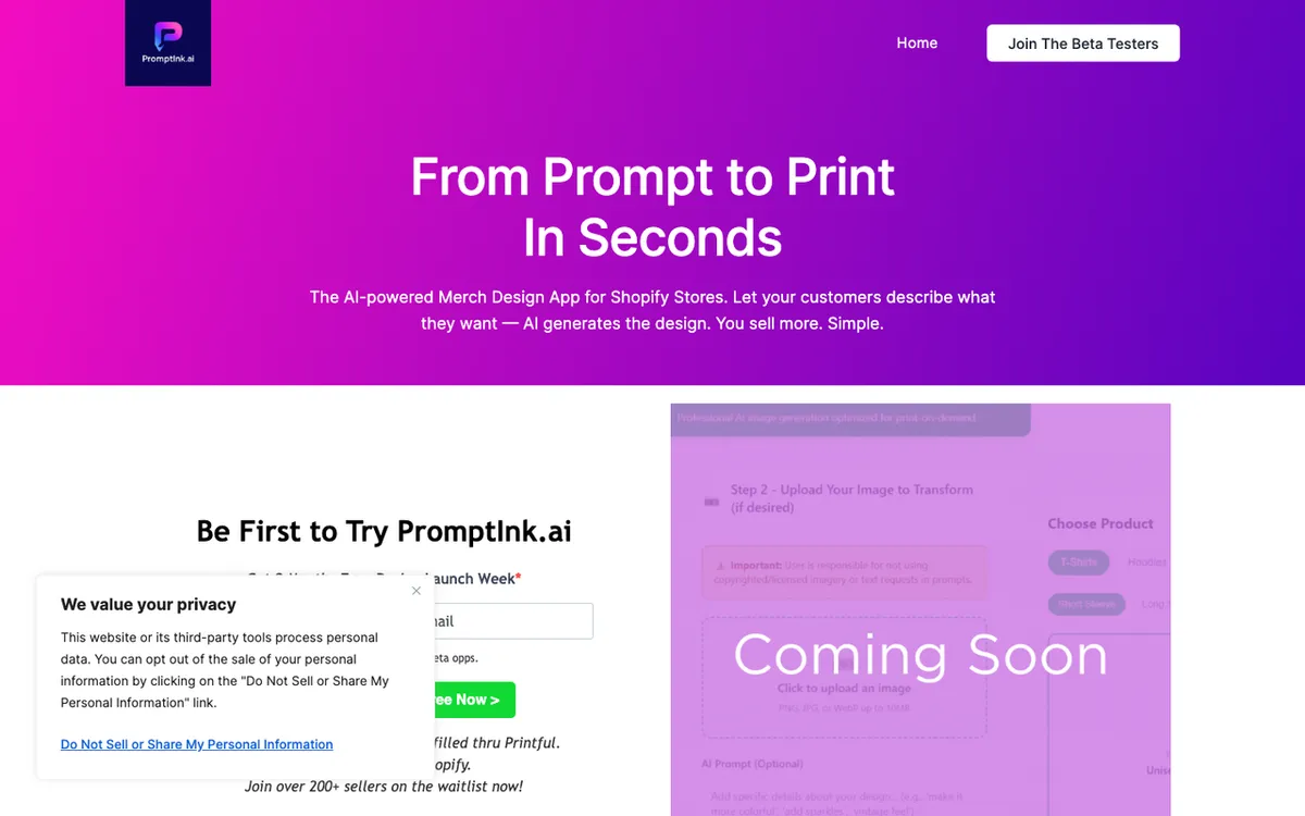 PromptInk homepage. AI tool for generating print-on-demand designs and previewing mockups.