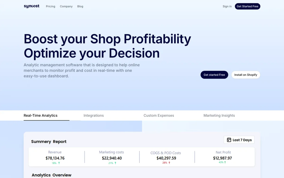 PT Sync homepage. Syncost real-time profit dashboard tracking ads, COGS, Printify and Printful in one place.