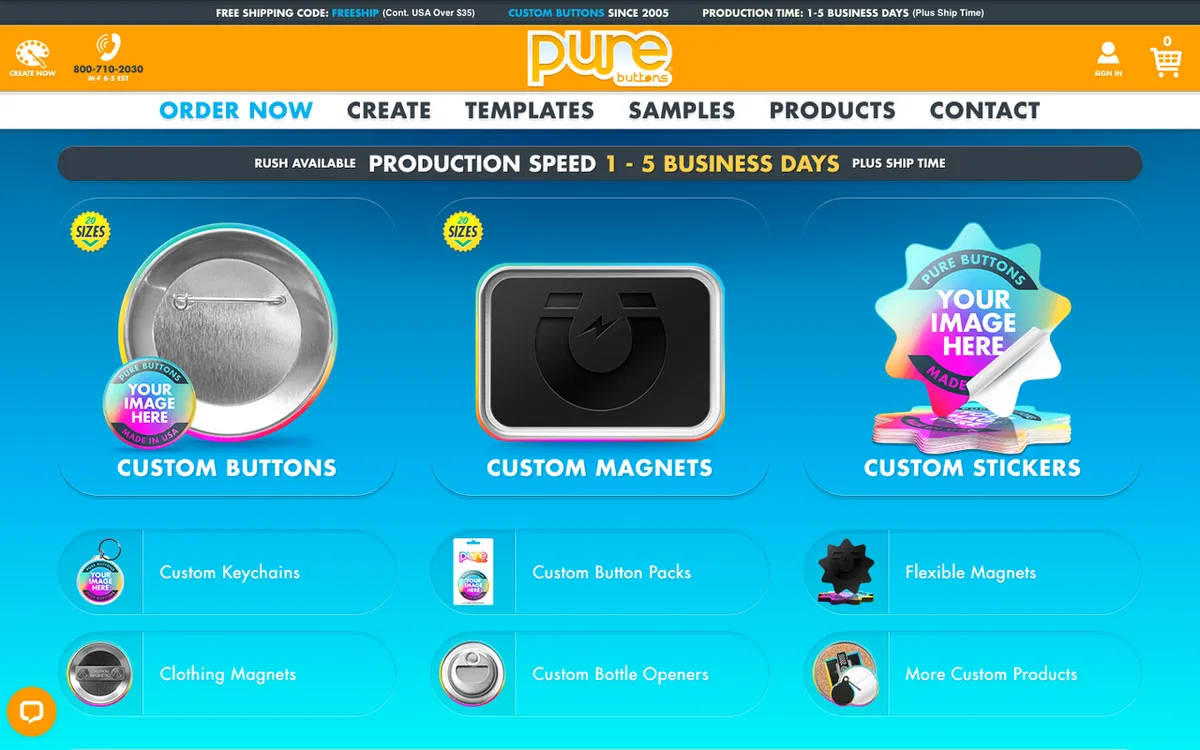 PureButtons homepage. US maker of custom pinback buttons, coasters, magnets and stickers since 2007.