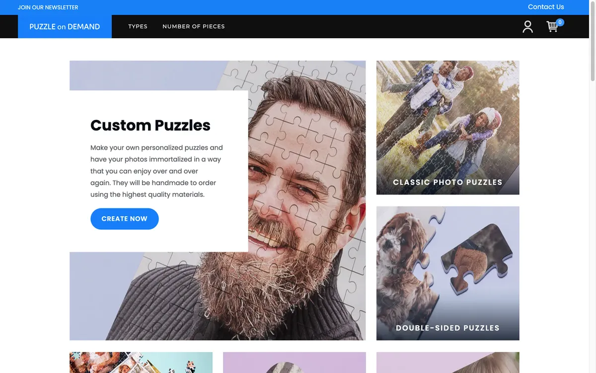 Puzzle on Demand homepage. US custom photo puzzle print-on-demand service with no minimum and express delivery.