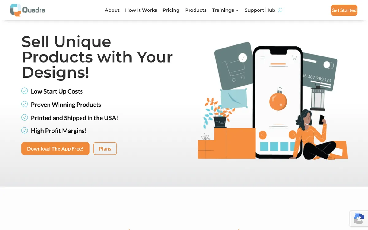 Quadra homepage. Quadra Marketplace print-on-demand and dropship product builder for high-profit custom items.