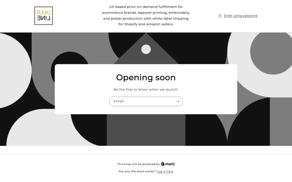 Rakiline homepage. US print-on-demand service for apparel, embroidery and poster production with white-label shipping.