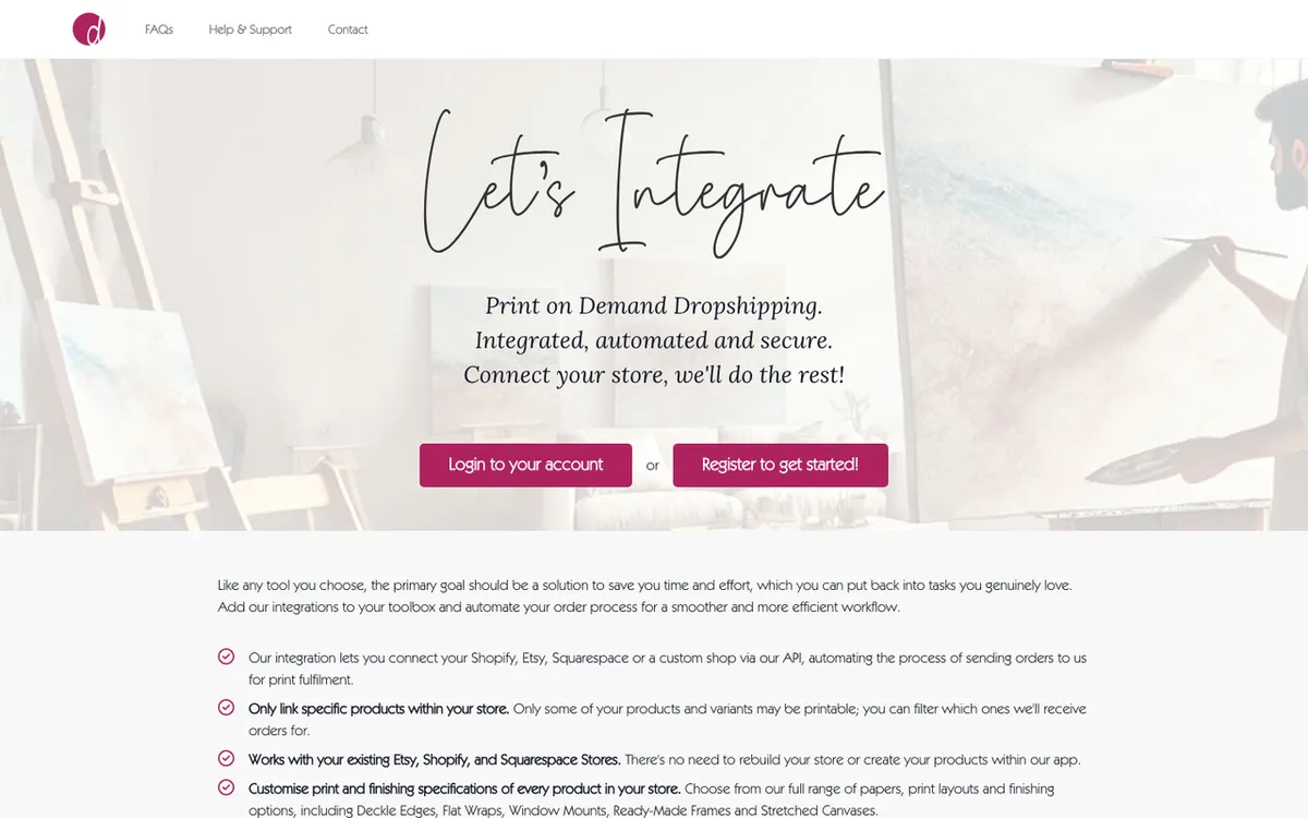 Reach Digital homepage. Print-on-demand dropshipping tool integrating Shopify, Etsy and custom shops via API.
