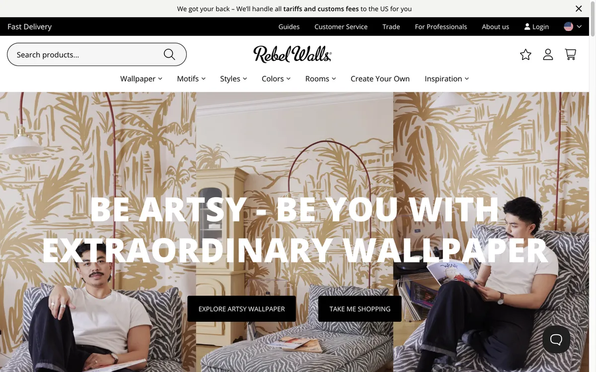 Rebel Walls homepage. EU custom wallpaper and designer wall mural service with 3,000+ designs and peel-and-stick options.