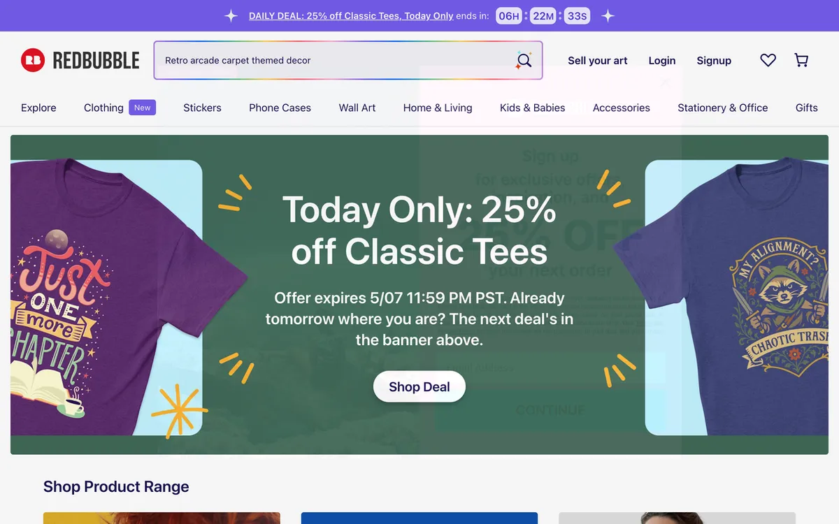 Redbubble homepage. Australian artist-first print-on-demand marketplace with 70+ products and global fulfilment.