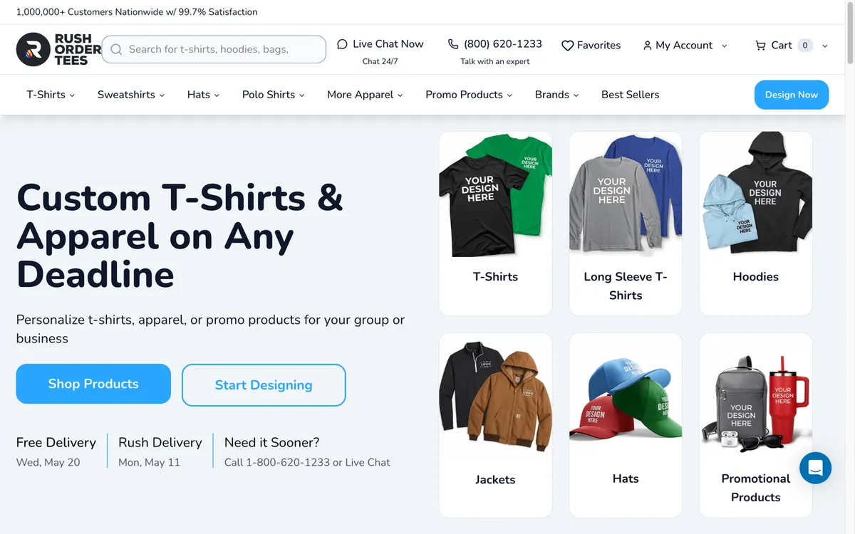 RushOrderTees homepage. US custom t-shirt and apparel service with no minimums and fast free shipping.