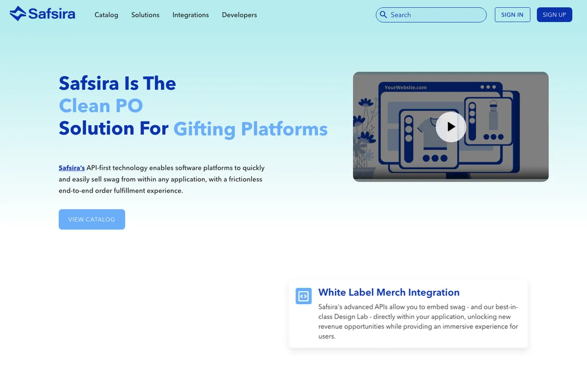 Safsira homepage. Automated purchase-order tool integrating swag fulfilment with webstores via API.