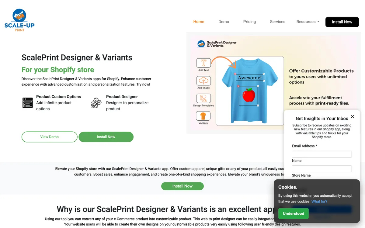 Scale-Up Print homepage. Shopify product designer tool offering customisable products with unlimited options.