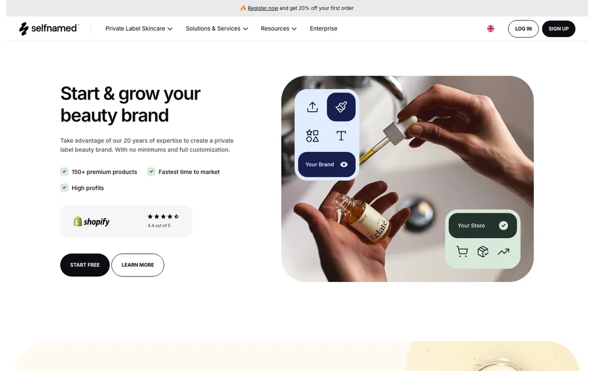 Selfnamed homepage. Print-on-demand dropshipping tool for organic vegan skincare and personal-care products.