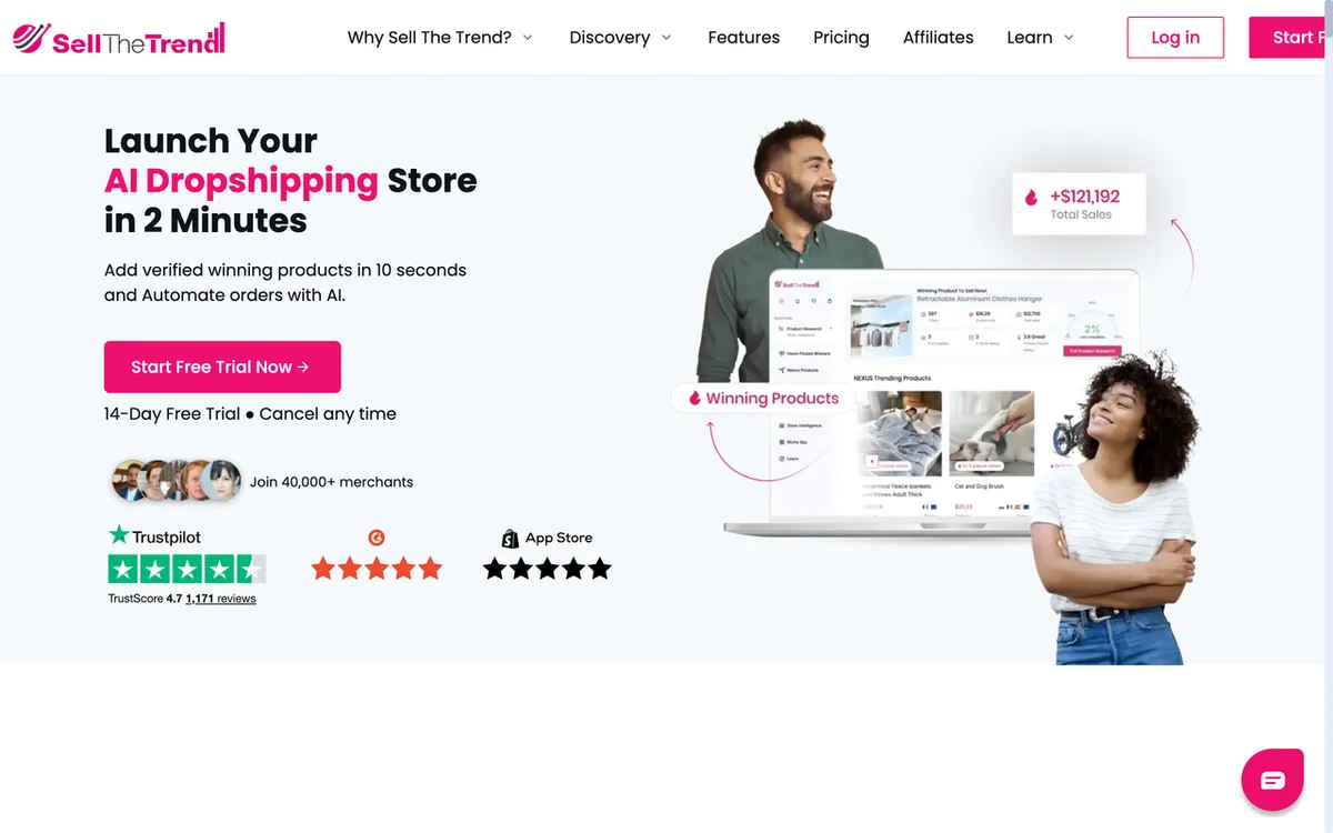 SellTheTrend homepage. US product research tool for dropshipping and POD sellers with Facebook ad data and profit estimates.