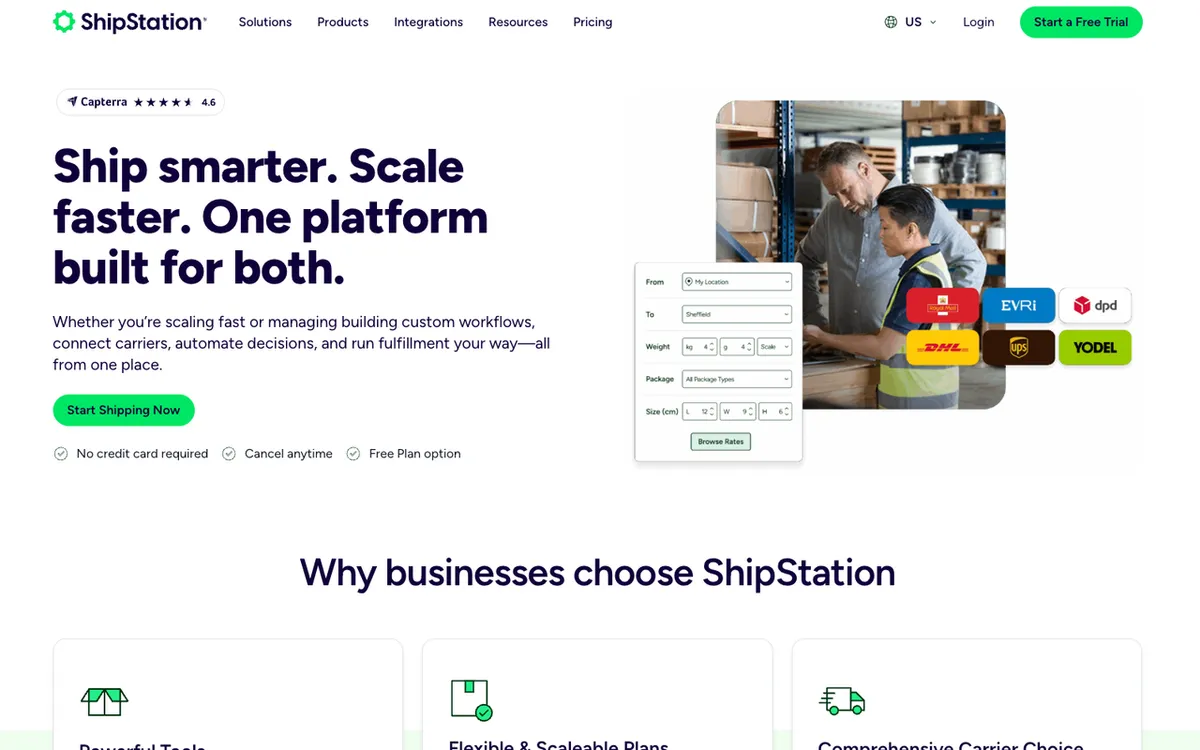 ShipStation homepage. US shipping and order management platform widely used by hybrid POD sellers.