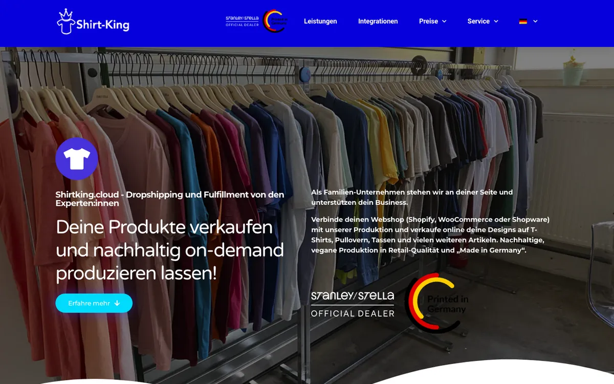 Shirt-King homepage. Print-on-demand and fulfilment service for textiles with managed production and shipping.