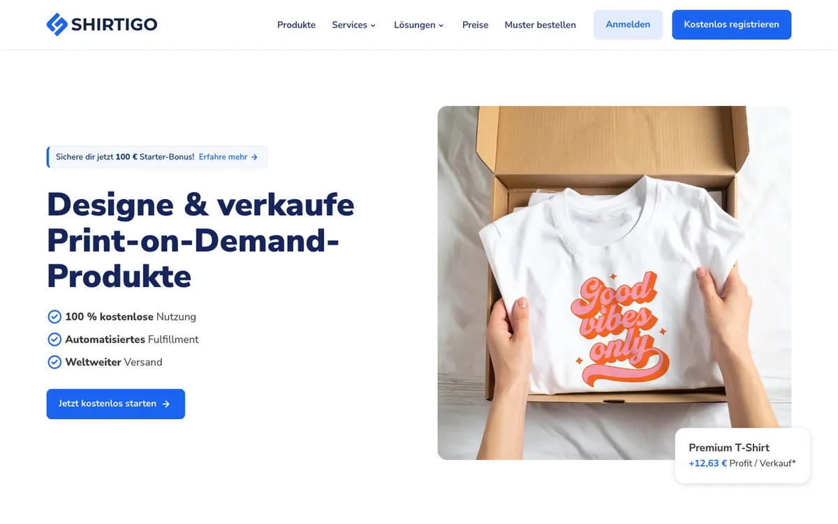 Shirtigo homepage. German vertically-integrated print-on-demand service for sustainable custom products.