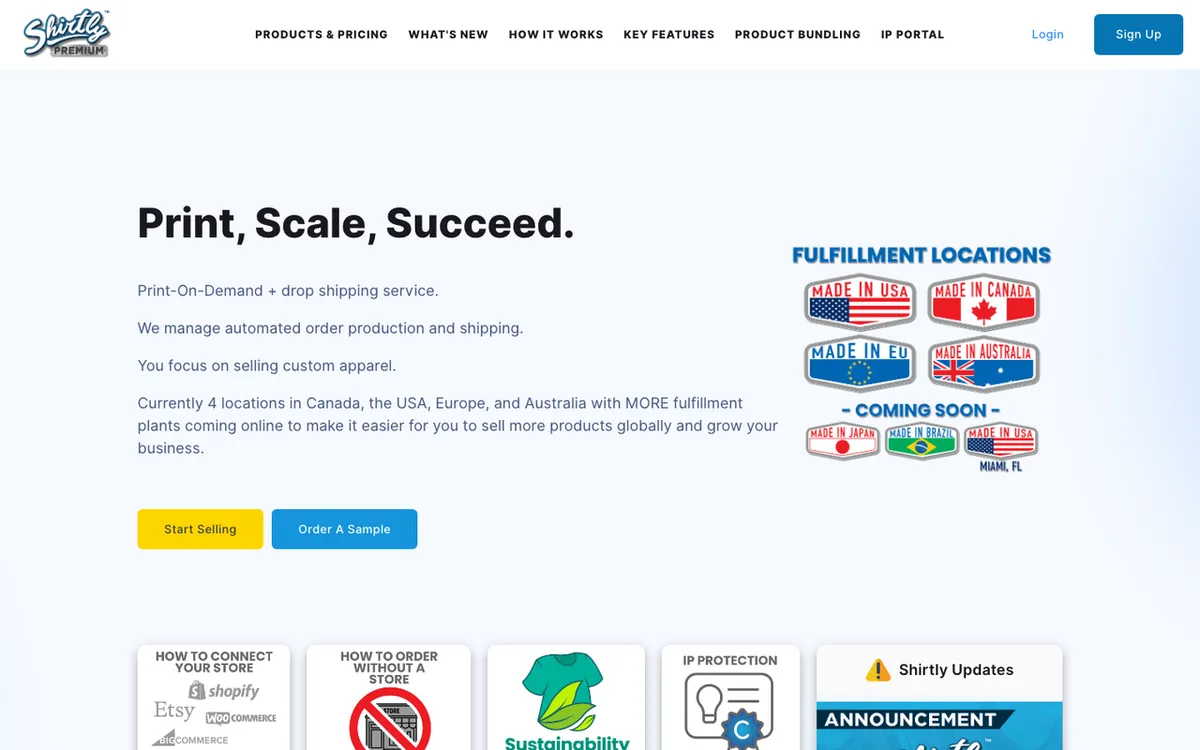Shirtly homepage. US print-on-demand and dropshipping service for custom apparel.