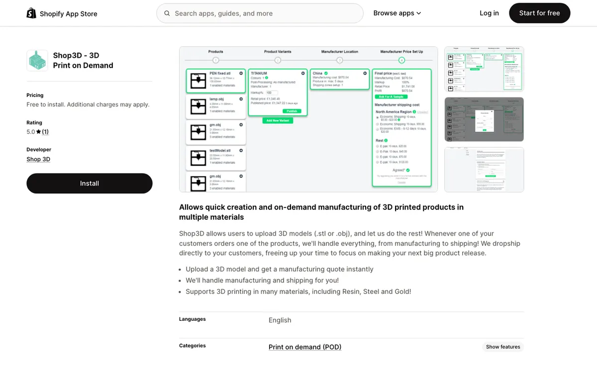 Shop3D homepage. 3D printing manufacturing plugin automating fulfilment of orders from digital 3D files.