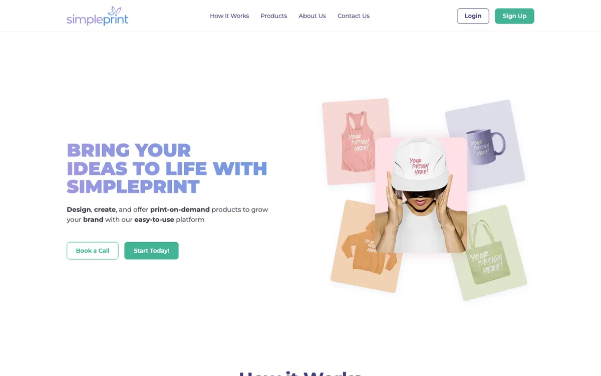 SimplePrint homepage. US print-on-demand supplier for custom products without holding inventory.