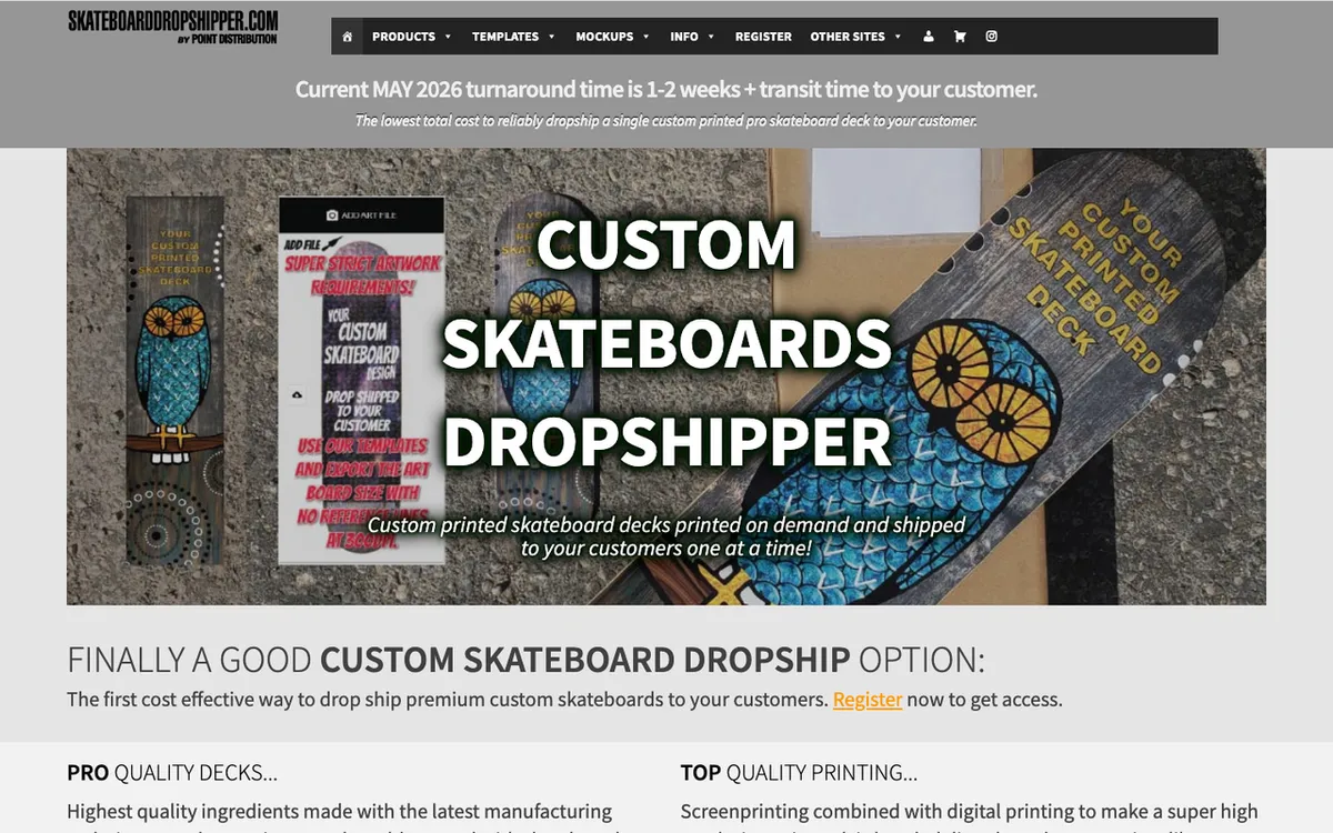 Skateboard Dropshipper homepage. US print-on-demand and dropshipping specialist for custom skateboards.