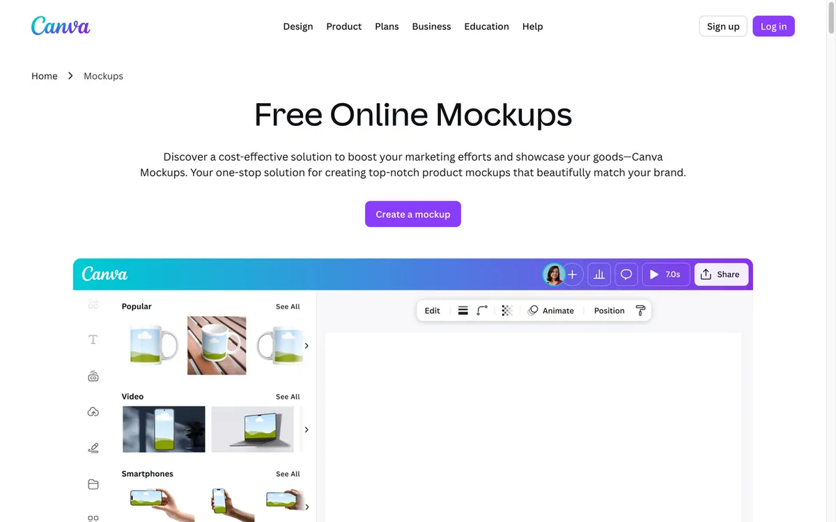 SmartMockups homepage. Canva-owned drag-and-drop mockup generator for apparel, mugs and packaging.