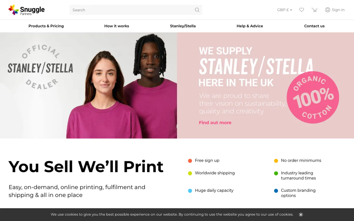 Snuggle Partners homepage. UK custom print-on-demand fulfilment service with no order minimums and global shipping.