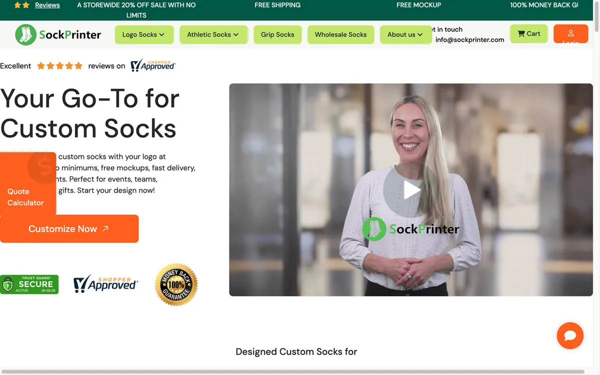 Sockprinter homepage. Custom sock print-on-demand service with no minimum, free mockups and worldwide tracked shipping.