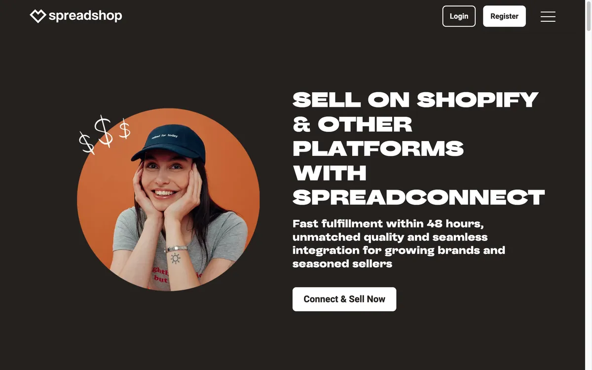 SPOD homepage. Spreadshirt's Shopify-first POD brand with 48-hour US and EU production and a live preview generator.