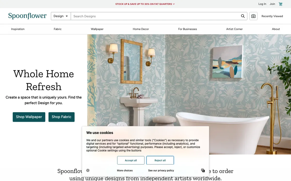 Spoonflower homepage. Custom-printed fabric marketplace with designer patterns on fabric, wallpaper and home textiles.