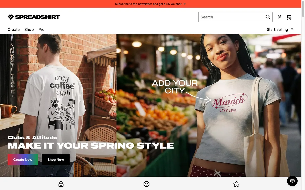 Spreadshirt homepage. EU long-running print-on-demand company with regional marketplaces and SPOD Shopify app.