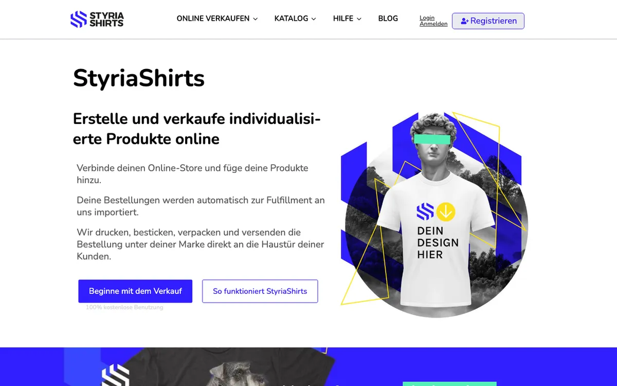 Styria Shirts homepage. EU print-on-demand service producing custom tees, mugs and embroidered apparel.