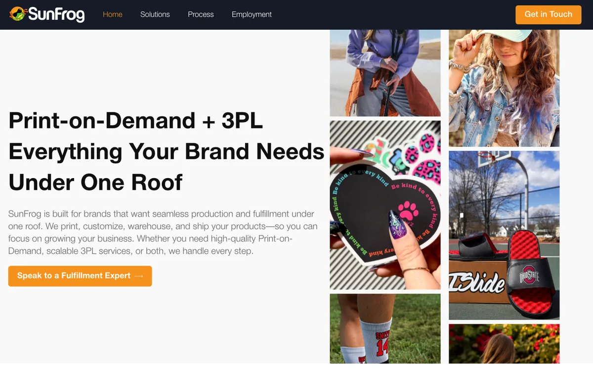 SunFrog Solutions homepage. Print-on-demand service for apparel, drinkware, footwear and storefront fulfilment.
