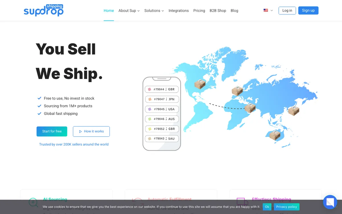 Sup Dropshipping homepage. Dropshipping business manager for sourcing, wholesale, POD, branding and fulfilment.