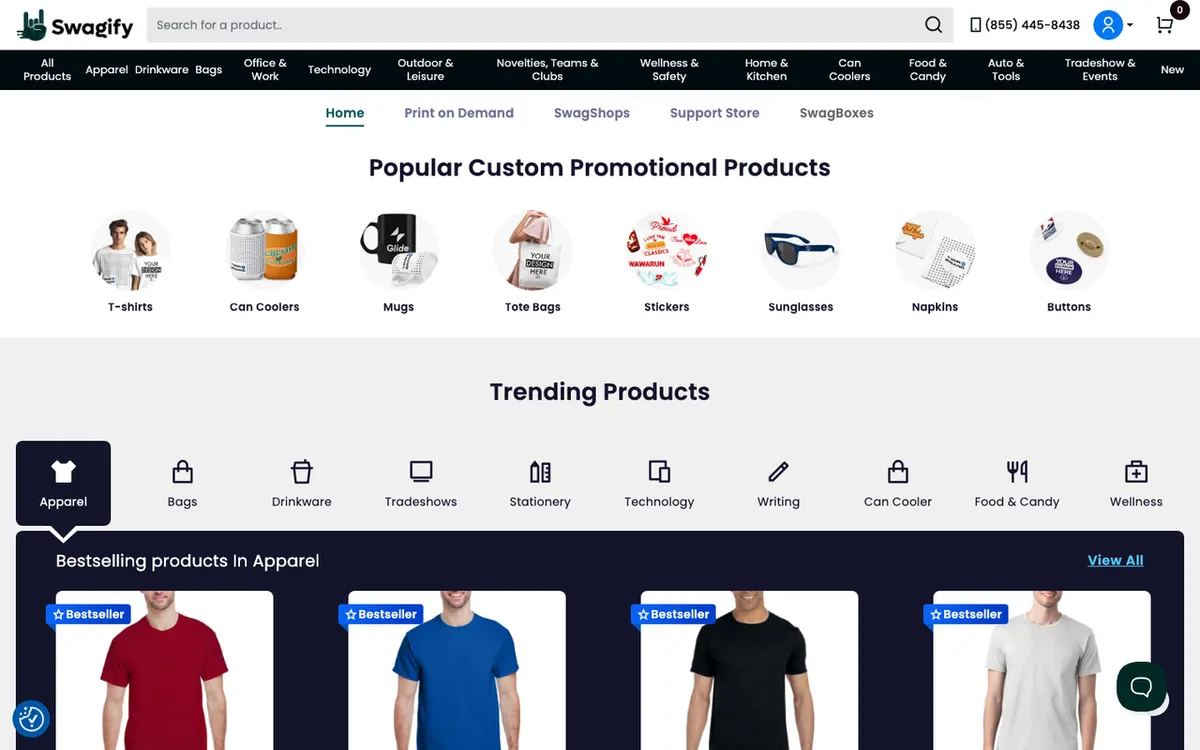Swagify homepage. US custom promotional products and personalised apparel service for corporate swag and event giveaways.